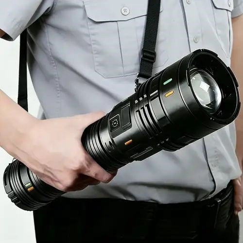 Metal led flashlight smars High Powered Handheld Flashlight, Rechargeable LED Torch with a Long-Range Reach, Colorful Fluorescent Strips Body, Mechanically Zoomable, for Hunting, Searching, Fishing, Exploring.