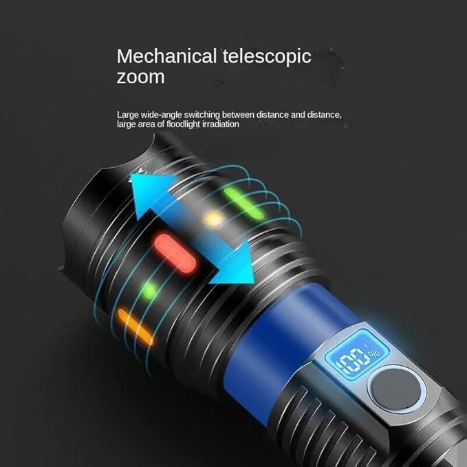 Metal led flashlight smars High Powered Handheld Flashlight, Rechargeable LED Torch with a Long-Range Reach, Colorful Fluorescent Strips Body, Mechanically Zoomable, for Hunting, Searching, Fishing, Exploring.