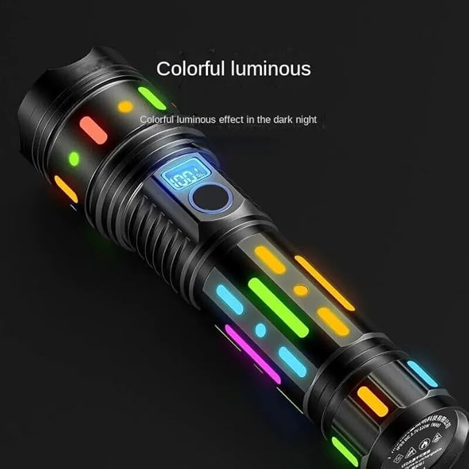 Metal led flashlight smars High Powered Handheld Flashlight, Rechargeable LED Torch with a Long-Range Reach, Colorful Fluorescent Strips Body, Mechanically Zoomable, for Hunting, Searching, Fishing, Exploring.