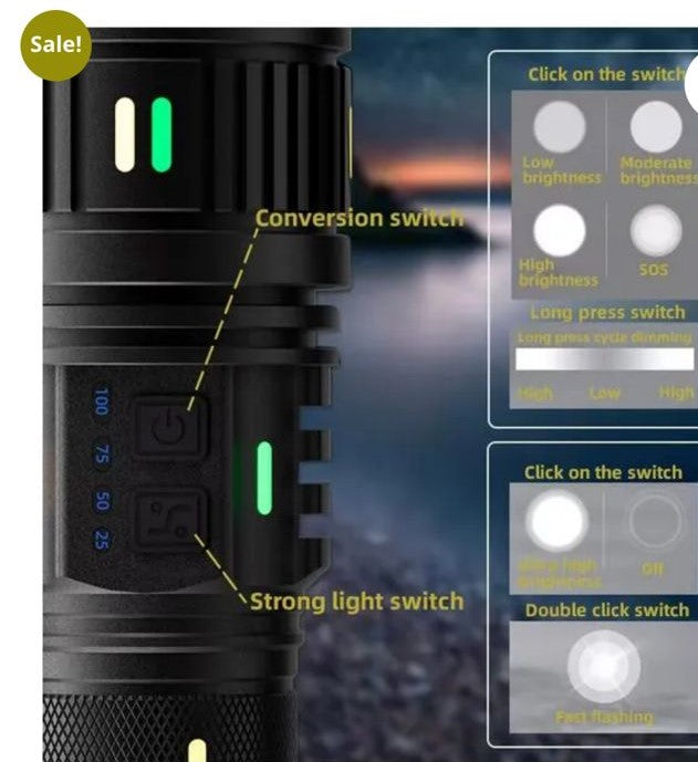 Metal led flashlight smars High Powered Handheld Flashlight, Rechargeable LED Torch with a Long-Range Reach, Colorful Fluorescent Strips Body, Mechanically Zoomable, for Hunting, Searching, Fishing, Exploring.