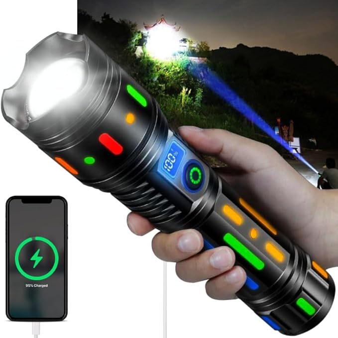 Metal led flashlight smars High Powered Handheld Flashlight, Rechargeable LED Torch with a Long-Range Reach, Colorful Fluorescent Strips Body, Mechanically Zoomable, for Hunting, Searching, Fishing, Exploring.